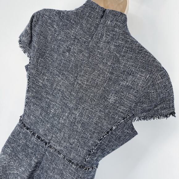 J. McLaughlin Zinnia Tweed Fit & Flare Dress Sz 4 Fringe Accent Navy White - Picture 8 of 13
